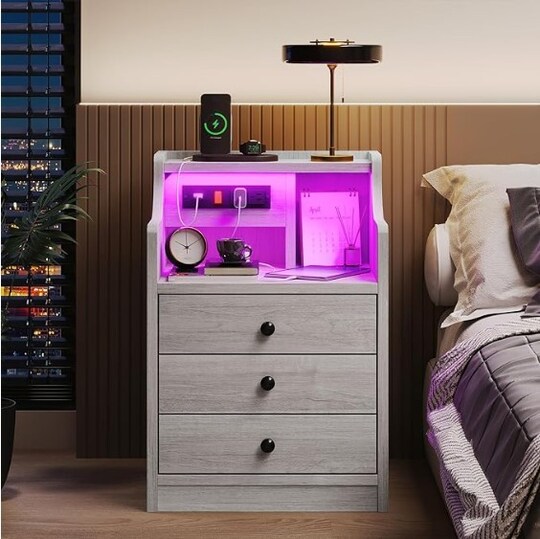 ADORNEVE; Nightstand with USB Charging Port and LED Lighting,Hutch as a NightstandBedside Table with Drawers,Modern Bedroom Side Tables,Grey; Category:Storage Drawer Units; Image:1
